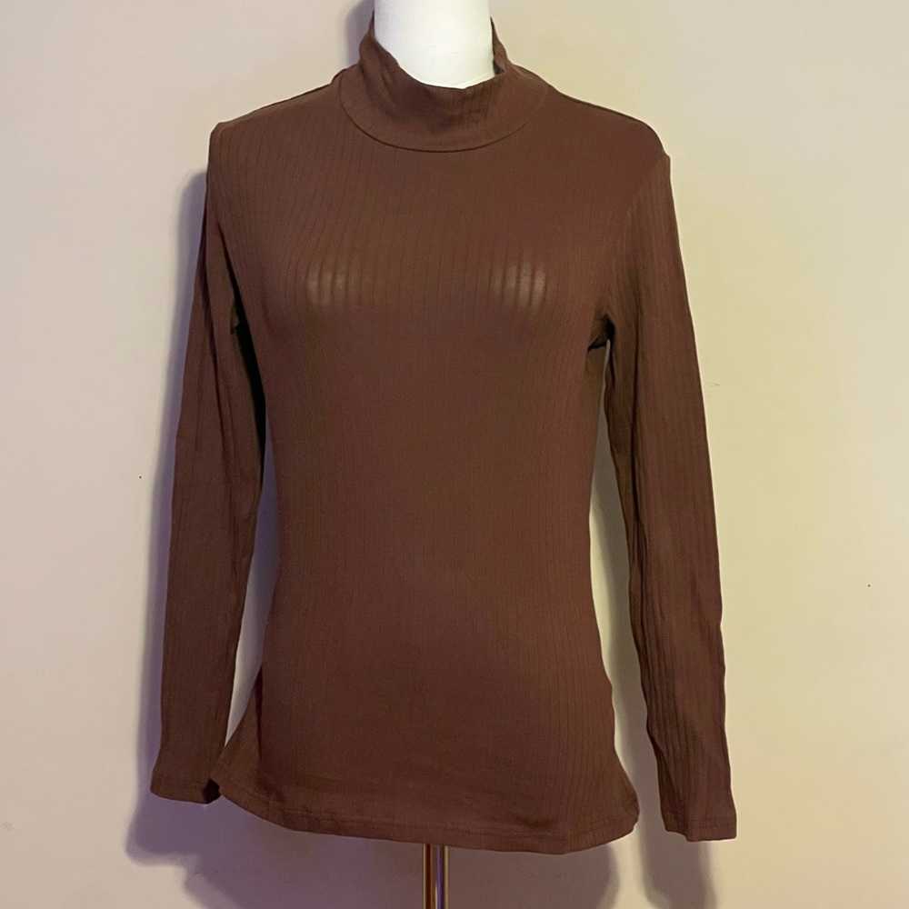 Fitted Ribbed Turtleneck Rich Chocolate Top